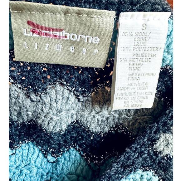 VTG Liz Claiborne Blue Silver Lurex Chevron Multi Wool Blend Knit Sweater S - Picture 3 of 4